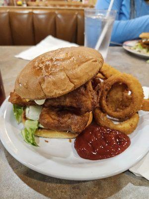 Fish sandwich and onion rings