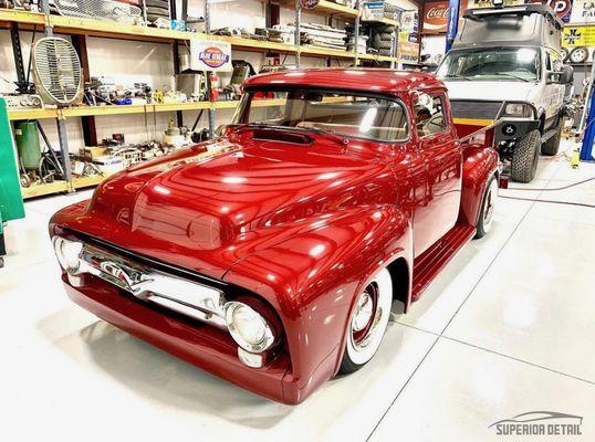 1956 Ford F100 sitting SUPERIOR after our signature paint correction and polish.