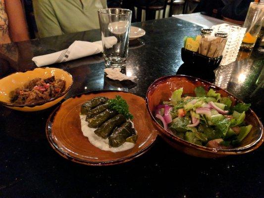 Fried eggplant, veggie dolma, & salad