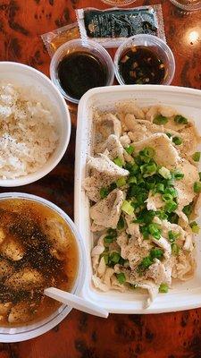 steamed chicken with scallions, white rice, & special soy sauce (need to request from the restaurant), & side of hot & sour soup