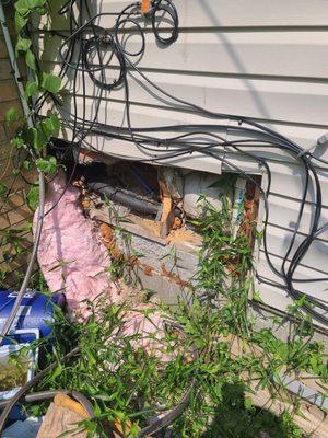 Plumbers removed portion of exterior wall due to busted water lines