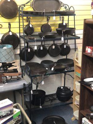 We have lots and lots of cast iron in our shop. We have pots, pans, unusual pieces and more! All USA!