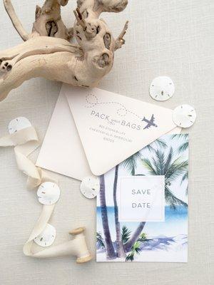 Beach Save the Date with watercolor beach scene and custom return address.