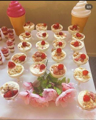 Custom strawberry shortcake cups for the bride and groom on their special day!