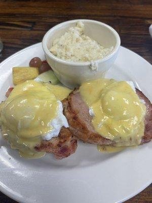 Eggs Benedict with Canadian Bacon and grits