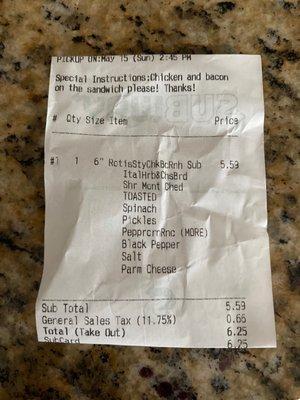 Receipt showing order of chicken bacon ranch specifying in instructions for bacon and chicken to be on the sandwich