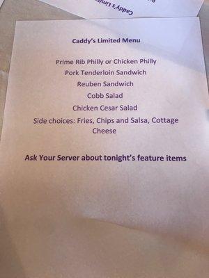 Limited menu for parties