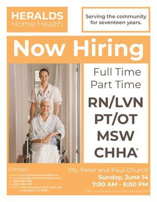 Now Hiring, Full Time & Part Time RN, LVN, PT, OT, MSW and CHHA.