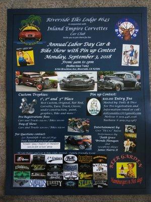 Annual Labor Day Car & Bike Show With Pin Up Contest (September 3, 2018) @9AM-2PM