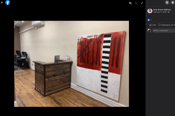 Facebook social media shot of gallery front desk from 2020 with no policy sign in place regarding a 90 day pickup policy.