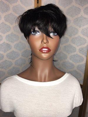 Front view of Luxe traditional wig unit pixie cut