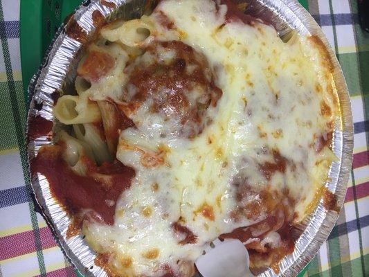 Baked mostaccioli with meatballs. Pretty good.