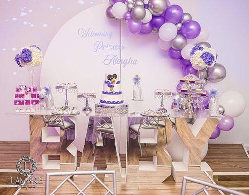 Baby Shower settings. Acrylic wall with Balloon garland ,and complimented with the mirror baby table