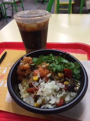 Fire-roasted veggie bowl and mocha iced coffee