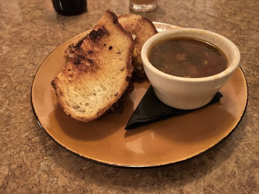 Beef stew and duck confit grilled cheese