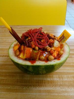 Sandia Lokas-Features watermelon, cucumber, peanuts, chamoy sauce, mango and more! Very tasty!!!