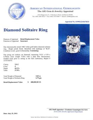 AIG Appraisal for a Diamond Solitaire Ring. This Diamond was appraised in the aiglabs.com Diamond Lab in Newbury Park, CA