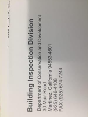 Contra Costa County Building and Planning Inspection Department-30 Muir Road, Martinez CA 94553-4601, (925)646-4108.