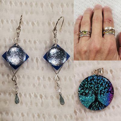 Dichroic glass earrings, pendant & sterling silver rings