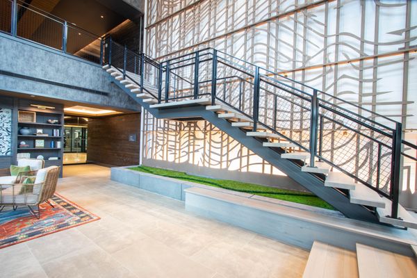 Custom stair treads and millwork for a hotel lobby.