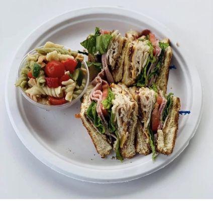 Club Sandwich with a side of pasta salad