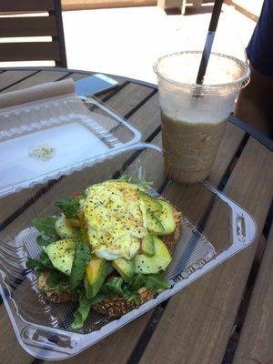 Hummus Toast. Caramel blended coffee.