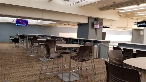 Nice seating area overlooking the bowling lanes.