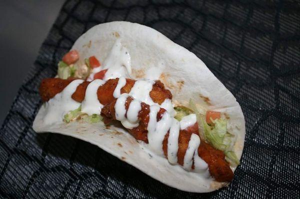 Can't go wrong with a delicious buffalo chicken taco with your choice of blue cheese or ranch dressing on top.