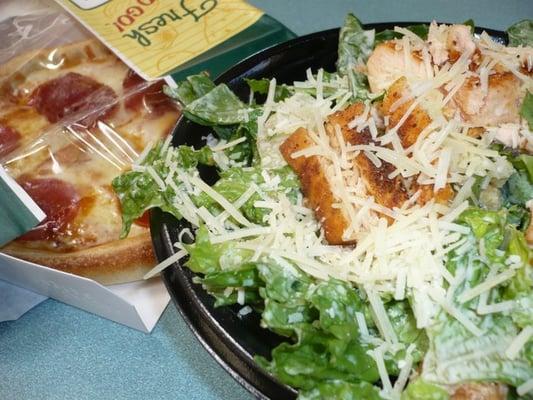 Caesar Salad with Salmon and Pepperoni Pizza