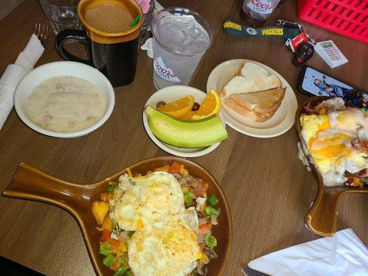 Veggie skillet and meat lovers skillet...country gravy on the side to pour all over;)