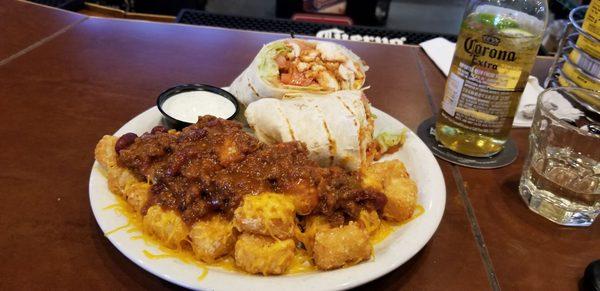 Buffalo chicken wrap with chili cheese tots. With extra ranch