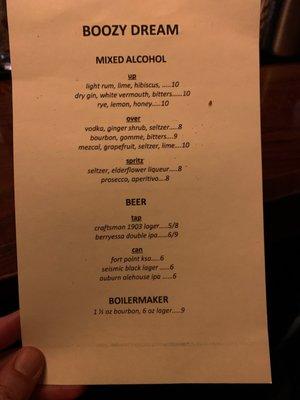 Drink menu- changes weekly.