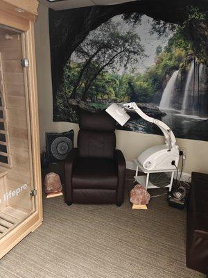 This is the 2nd room with the infrared Sauna, medical grade lights, massage chair with Infrared Sauna.