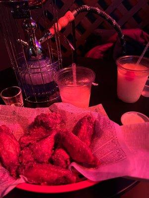 Lemon pepper wings, Henny Colada, Mint Hookah