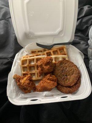 Fried chicken and waffles with turkey sausage amazing