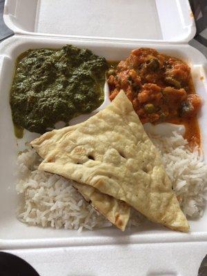 Saag and mixed veg. Mixed veg was a bit bland, but saag was solid with some spice, too. Can't beat the price!