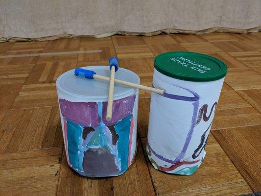 Drums made during"art time" in Kinder Drama Time