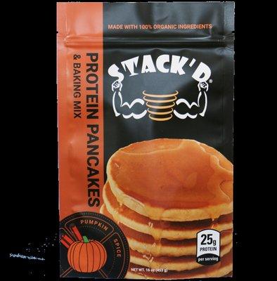 STACK'D Pumpkin Spice Protein Pancakes - 25 grams of Protein per serving.  230 calories.  Made with 100% organic ingredients.