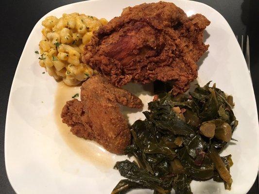 Small fried chicken, orange soda green and mac and cheese!