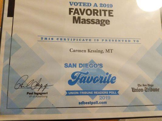 Union Tribune 2019 Favorite Massage Therapist.