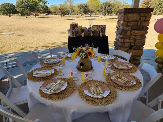 Boho placemats, 60in round tables, white padded folding chairs