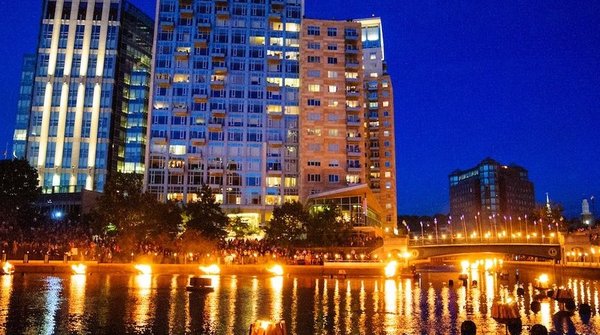 Waterplace bridge on the right side during a Waterfire night.