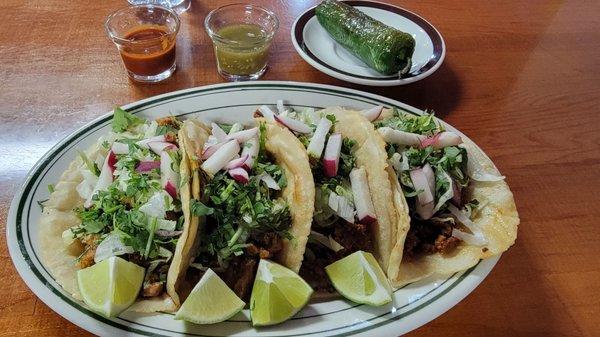 Legit Homemade tortillas! Got 2 chorizo tacos and 2 adobada tacos. And ordered a side of fried jalapeño!