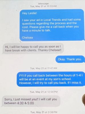 Leslie's text. All lies. The photos she sent belong to her competitor's body sculpting business. NO clients are hers! Scam!!