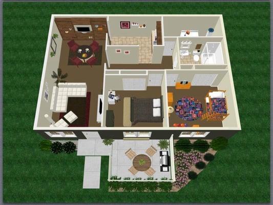 2 Bedroom 1 bath 3D floorplan