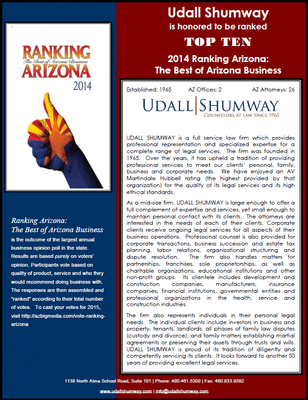 Udall Shumway PLC has once again been recognized as a top law firm by Ranking Arizona 2014