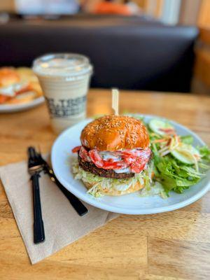 Goddess Burger: veggie patty / tzatziki sauce / lettuce / roasted peppers