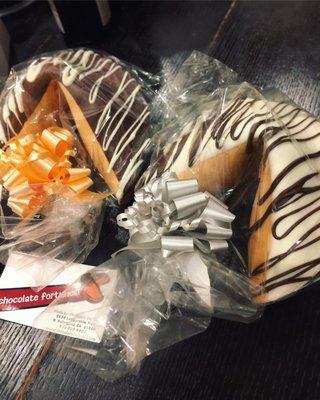 Oversized Gigantic Birthday Fortune Cookies for the birthday girl.  Dark chocolate and white chocolate drizzle