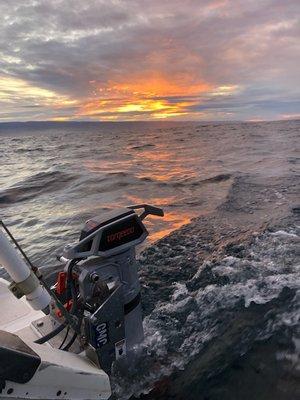 Electric outboard humming along happily during sea trials at dawn.