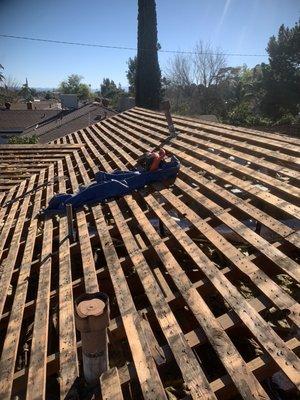 Wood shake roof getting ready for plywood